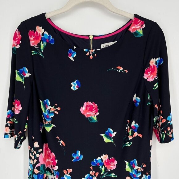 Eliza J Womens Floral Print Shift Dress Size 6 Navy Lined Stretch Half Sleeve - Picture 3 of 16